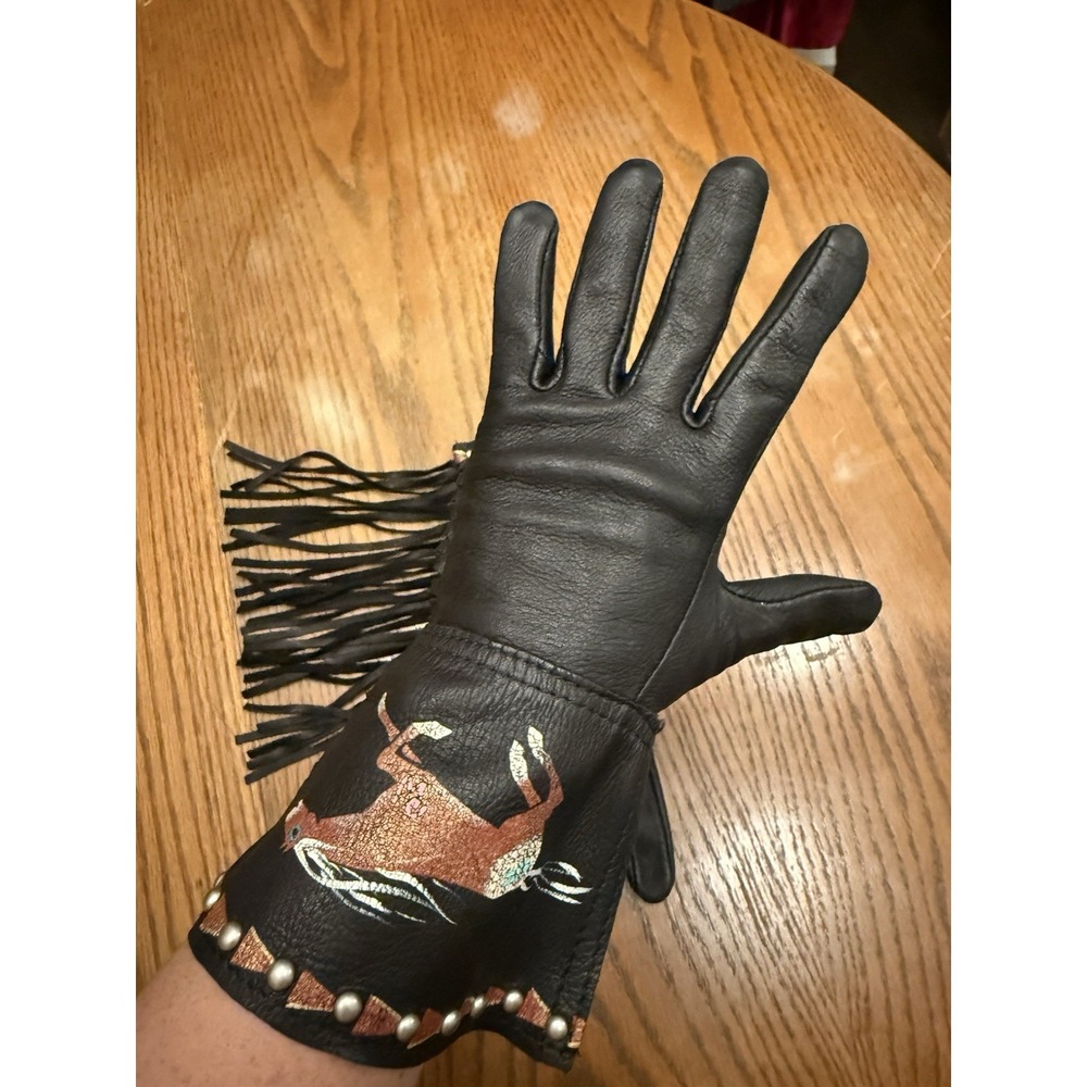 Patricia Wolf Black Leather Hand Painted Gloves Fringe Horses Beaded Cowgirl - Picture 8 of 11
